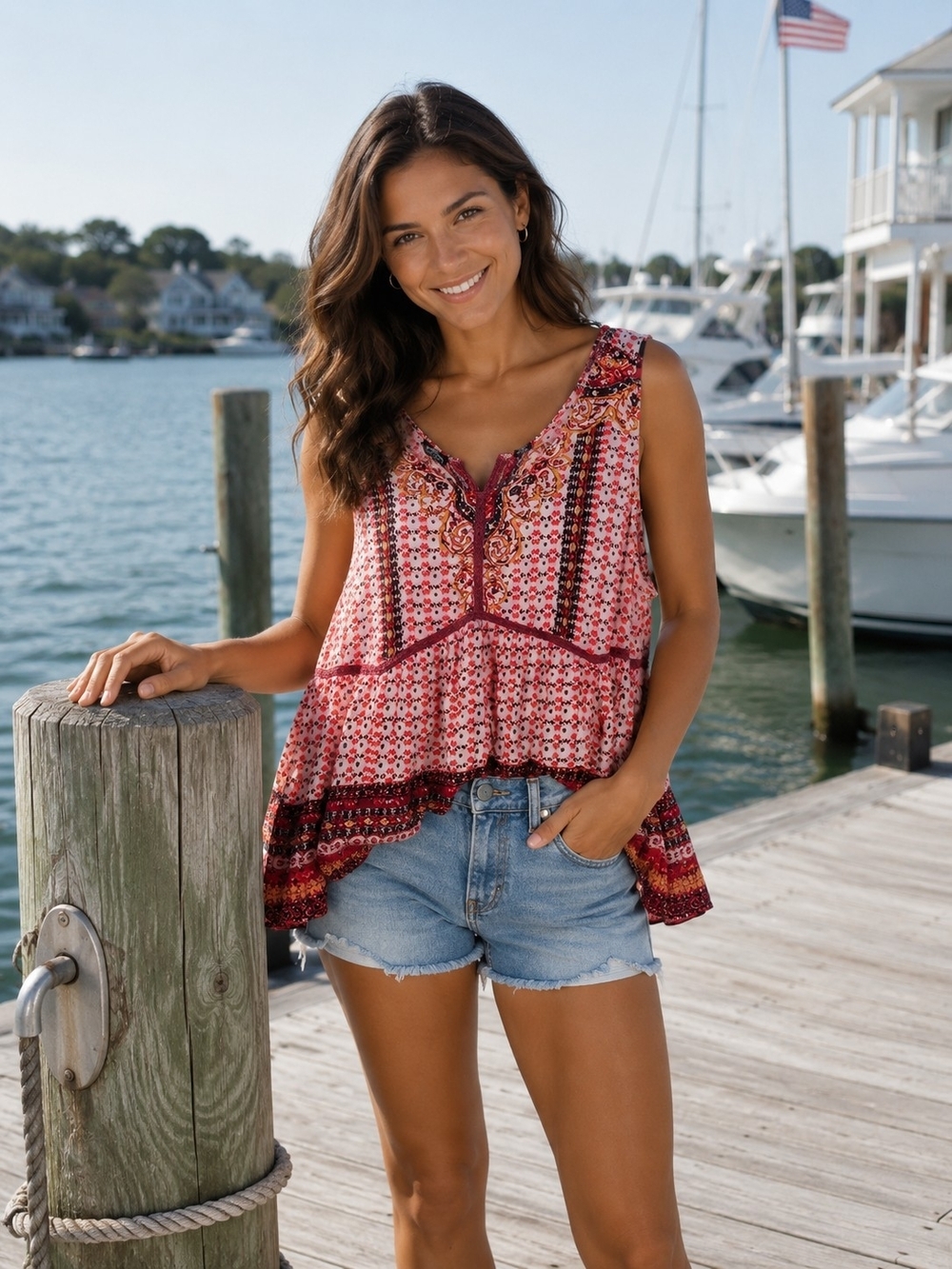 Angie Pink Red Paisley Sleeveless Peplum Tank - Picture 3 of 5
